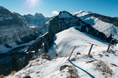 Scenic view of snow covered mountains against sky