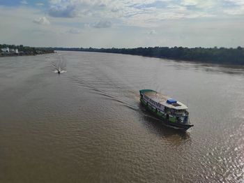 High angle view of ship in sea against sky