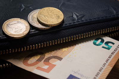 Close-up high angle view of coins