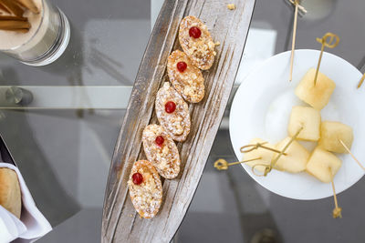 High angle view of dessert on table