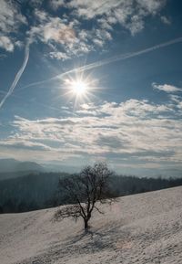 Scenic view of snow covered land against bright sun