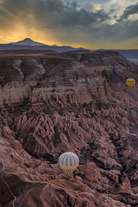 View of hot air balloon against cloudy sky