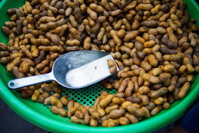 High angle view of food in container at market