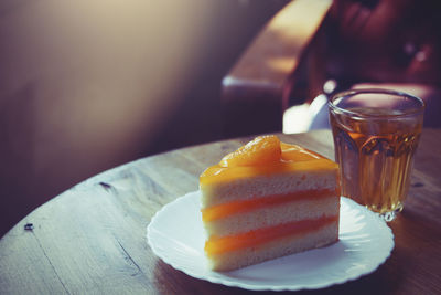 Close-up of cake served on table