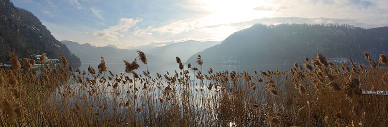 Panoramic view of lake and mountains against sky