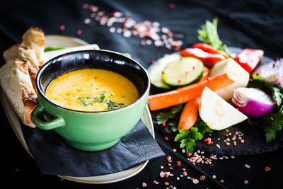 Close-up of food served on table