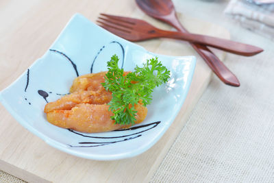 High angle view of food in plate on table