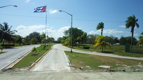 Road and palm trees against sky
