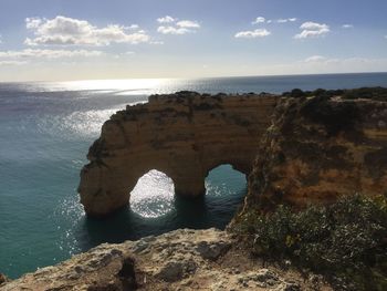 Rock formations by sea against sky