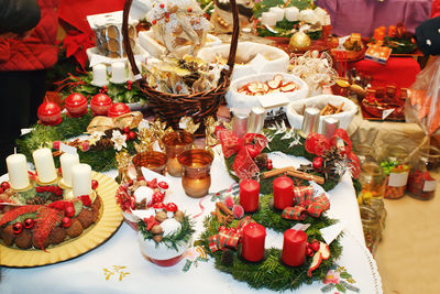 High angle view of christmas decorations on table