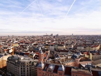 High angle shot of cityscape against sky