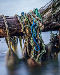 Close-up of rope tied up on wooden post