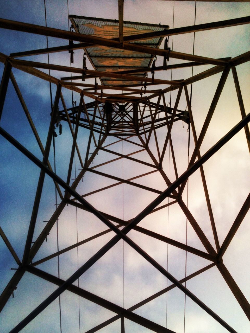 low angle view, directly below, built structure, indoors, architecture, ceiling, pattern, geometric shape, metal, sky, modern, glass - material, electricity, no people, technology, day, grid, full frame, fuel and power generation, backgrounds