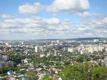 High angle view of city buildings against sky