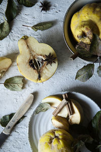 High angle view of sliced quince