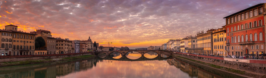 Bridge over canal by buildings against sky during sunset