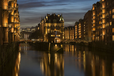 City view of speicherstadt of hamburg, germany at night