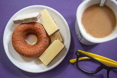 High angle view of breakfast served on table