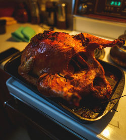 Close-up of meat on barbecue grill