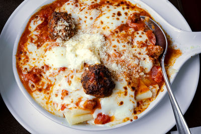 Lasagna served on table for lunch.