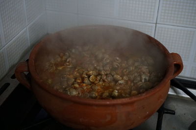 High angle view of meat in container