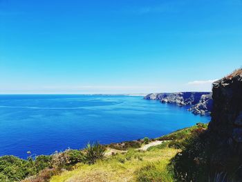 Scenic view of sea against blue sky