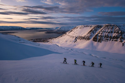 Group of people backcountry skiing at sunrise in iceland