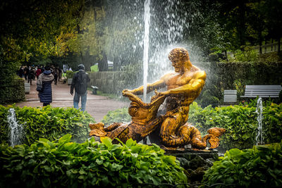 Statue by fountain against plants