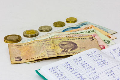 High angle view of coins on white background