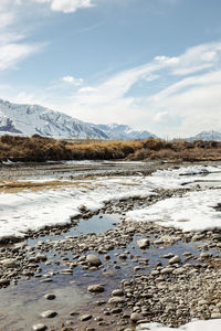 Scenic view of snowcapped mountains against sky