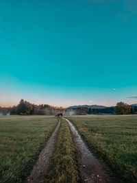 Dirt road amidst field against clear sky