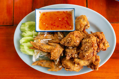 High angle view of food in plate on table