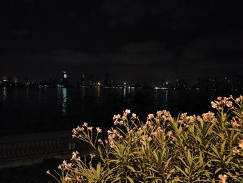 Illuminated cityscape by sea against sky at night