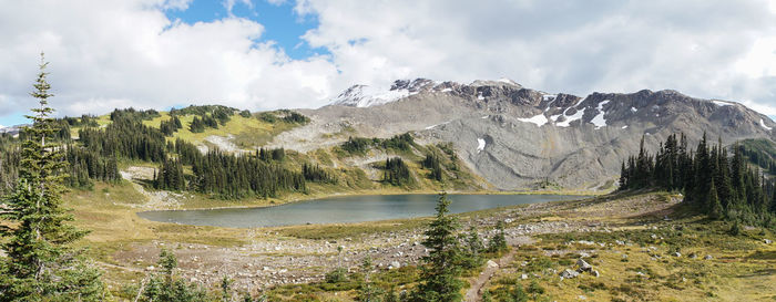 Scenic view of lake and mountains against sky