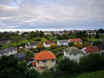 High angle view of houses against sky