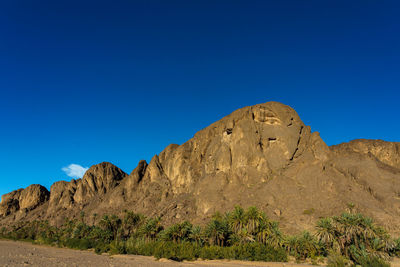 Low angle view of rock formations against clear blue sky