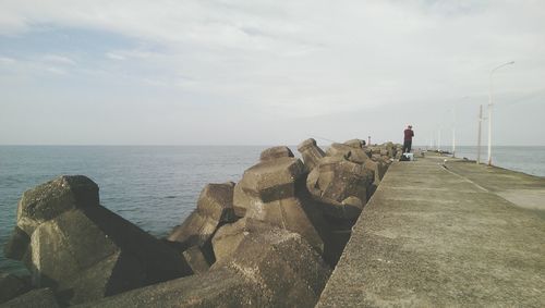 Rear view of man standing on concrete jetty against sky