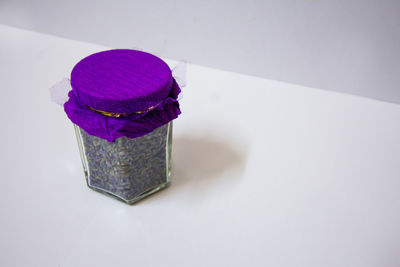 High angle view of purple petals on table