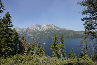 Scenic view of lake and mountains against blue sky