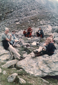 High angle view of people relaxing on rocks