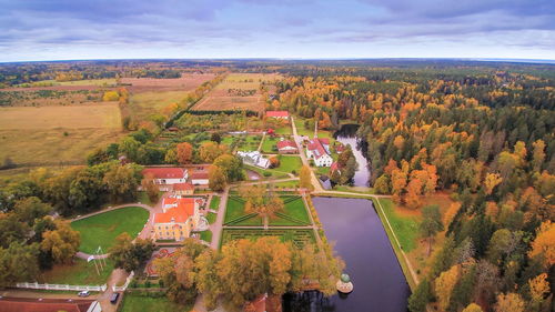 High angle view of trees on landscape during autumn