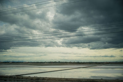 Low angle view of power lines against cloudy sky