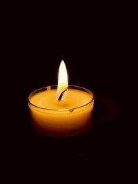 Close-up of illuminated candle against black background