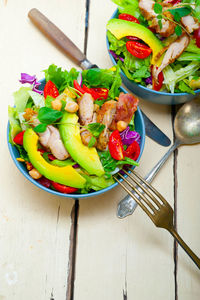 High angle view of fruits in plate on table