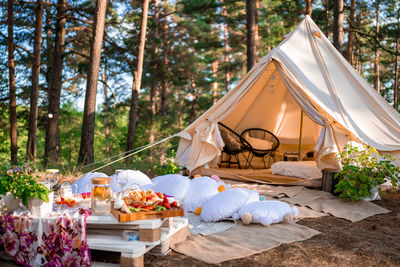 Picnic in the nature, table, carpets, wigwam, tent, pillows in the park.