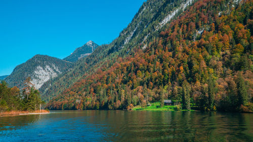 Scenic view of lake against clear sky during autumn