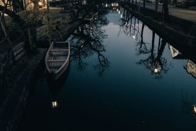 High angle view of boats moored in lake