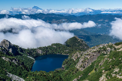 High angle view of lake amidst mountains against sky