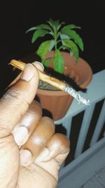 Close-up of hand holding leaf against black background