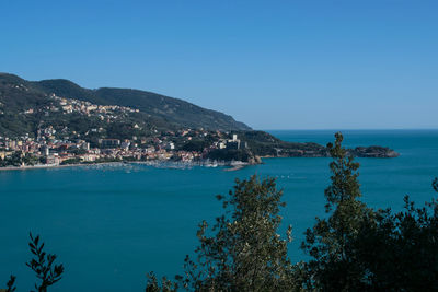 Scenic view of sea against clear blue sky